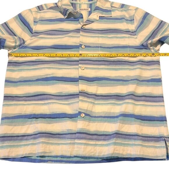 Tommy Bahama Blue and Cream Watercolor Striped Silk Shirt Men's Size XL - Picture 10 of 11